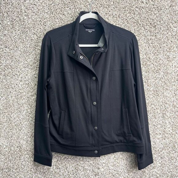 Eileen Fisher Jacket Women’s Medium Black Stand Collar Snap Button Front Shirt N - Picture 4 of 9